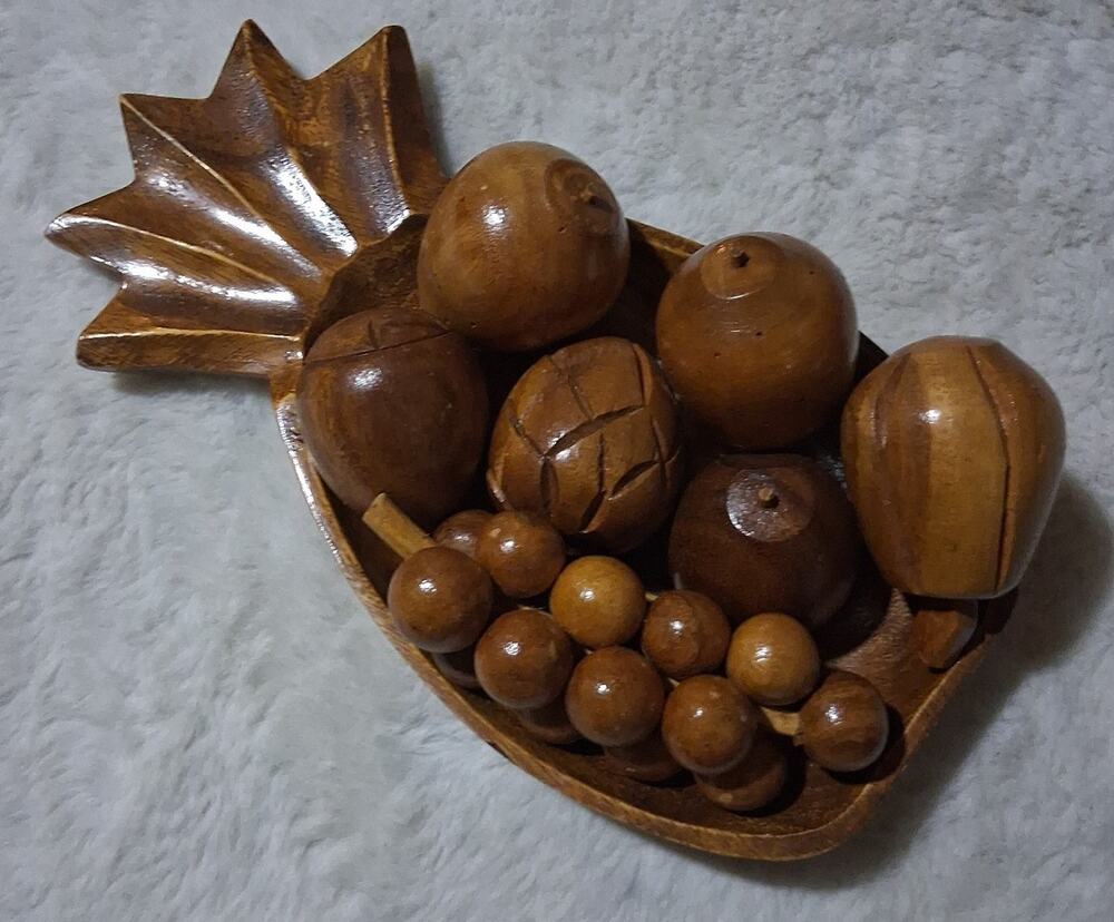 Vintage 60's Monkey Pod Wooden Fruit & Bowl Phillipines handcrafted 8 piece set